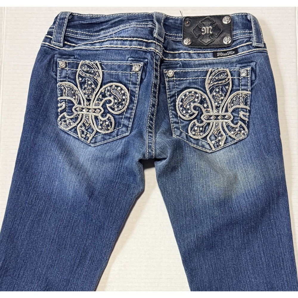 MISS ME - Women's Jeans - Bootcut Blue Fleur De Lis Rhinestone JP5897B3 -Size 25